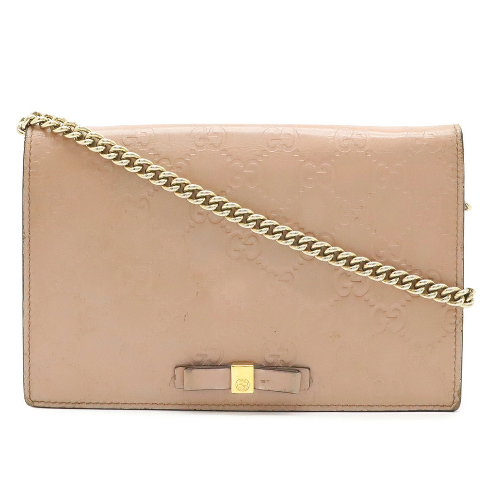 Gucci Guccissima Chain Wallet Shoulder Bag Ribbon Leather Dusty Pink